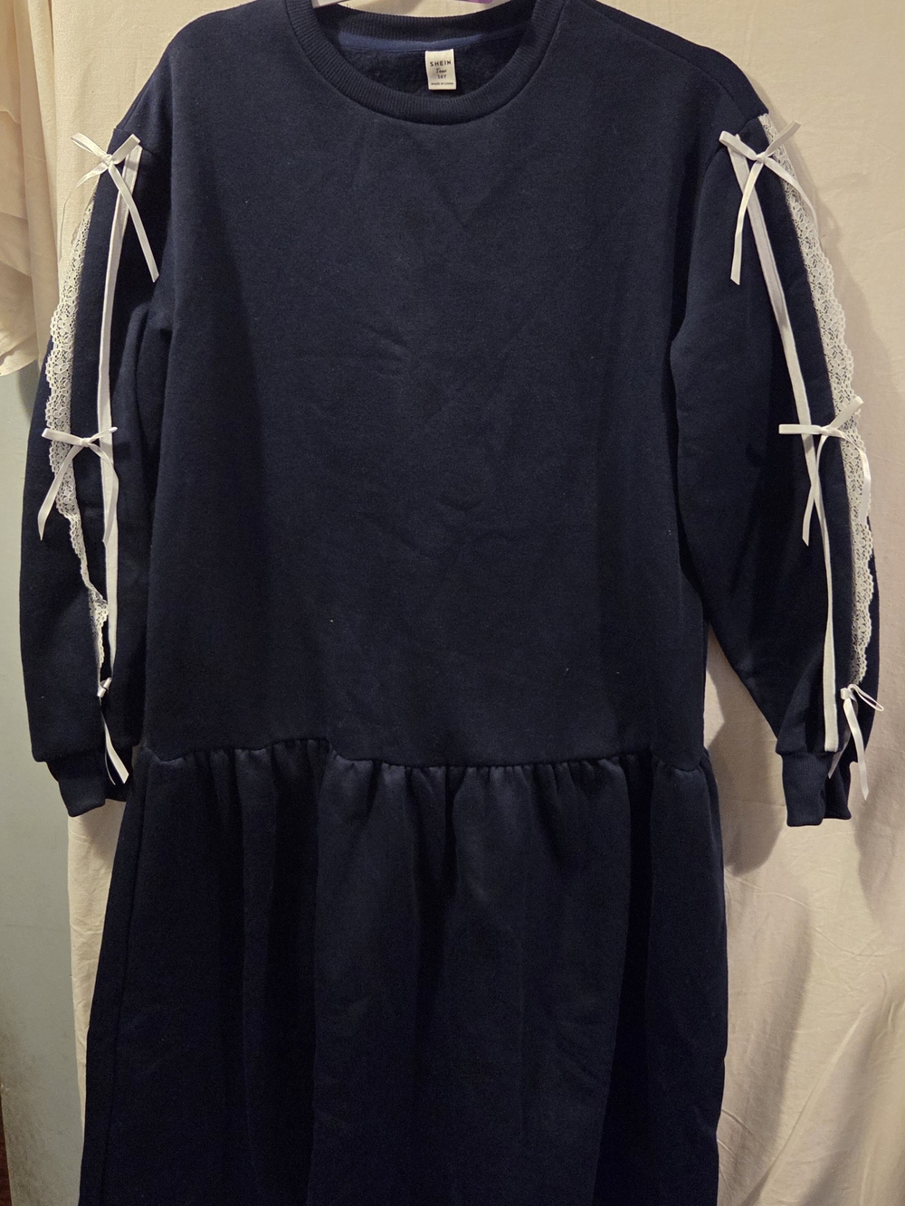 SHEIN Navy Sweatdress with White Lace & Bow Sleeve Detail